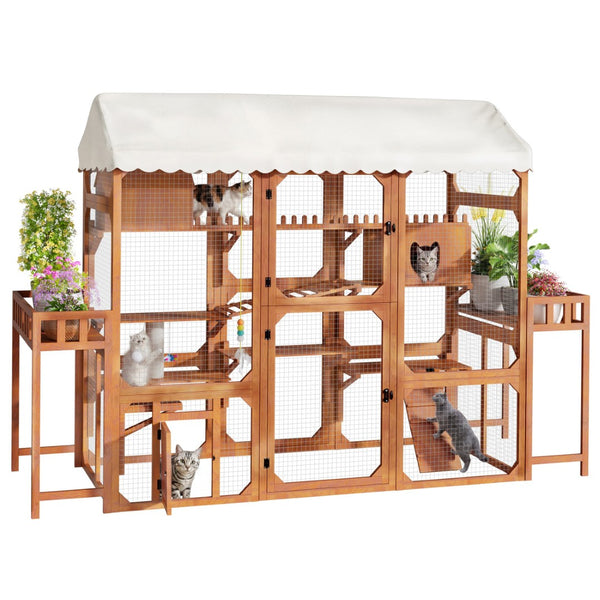 English Elm Large Pine Wood Catio Outdoor Cat Enclosure with Wire Mesh and Dual Plant Stands Brown N704G201617P