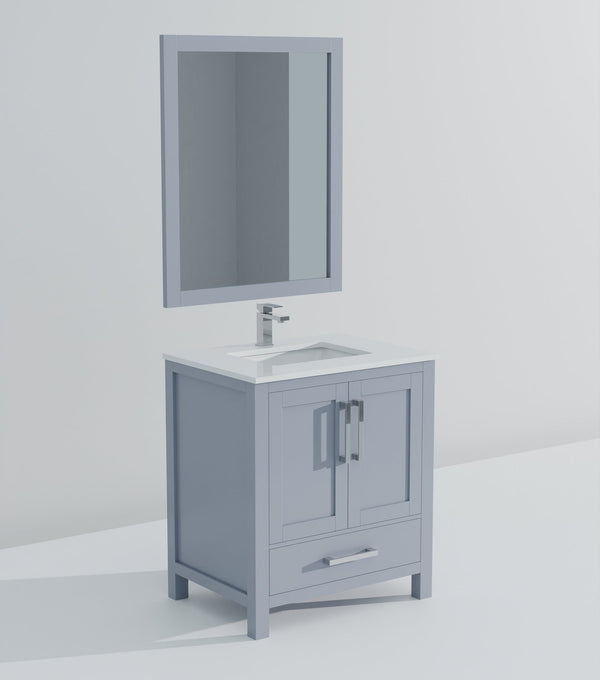 English Elm Dark Grey Vanity 30 in. W x 22 in. D with White Quartz Top, Chrome Faucet & 28 in. Mirror, Durable B2731S01251