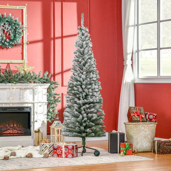 English Elm Homcom 6' Slim Snow-Flocked Artificial Christmas Tree - Realistic Branches & Space-Saving Design W2225P229631