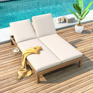 English Elm Trexm Acacia Wood Double Chaise Lounge Outdoor with Folding Trays and Foam Cushions TM000015AAD