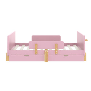 English Elm Twin Low Profile Kids Floor Bed Pine Wood Frame with Safety Rail and Built in Bookshelf Pink W1580P373245