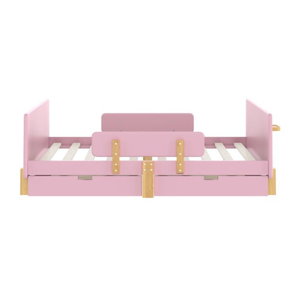 English Elm Twin Low Profile Kids Floor Bed Pine Wood Frame with Safety Rail and Built in Bookshelf Pink W1580P373245
