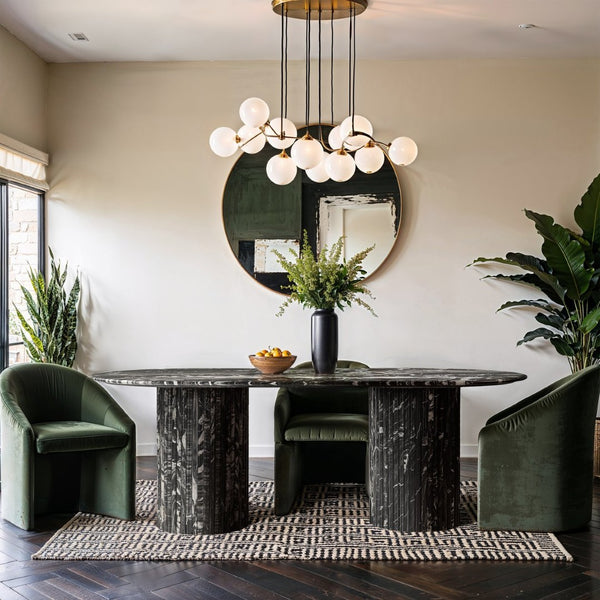 Meridian Furniture Messina Oval Stone Dining Table with Art Deco Fluted Bases Seats up to Ten Formal Room Black Genuine Marble 925Black-DT