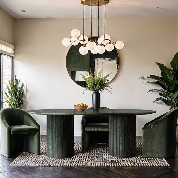 Meridian Furniture Messina Oval Stone Dining Table with Art Deco Fluted Bases Seats up to Ten Formal Room Green Genuine Marble 925Green-DT