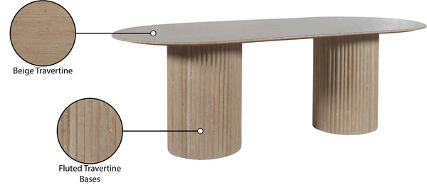 Meridian Furniture Messina Oval Stone Dining Table with Art Deco Fluted Bases Seats up to Ten Formal Room Natural Travertine 925Travertine-DT