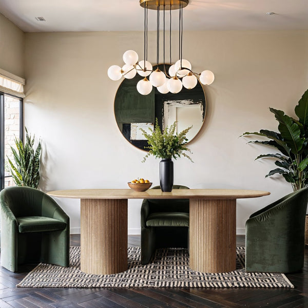 Meridian Furniture Messina Oval Stone Dining Table with Art Deco Fluted Bases Seats up to Ten Formal Room Natural Travertine 925Travertine-DT