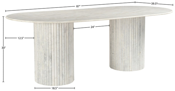 Meridian Furniture Messina Oval Stone Dining Table with Art Deco Fluted Bases Seats up to Ten Formal Room White Genuine Marble 925White-DT