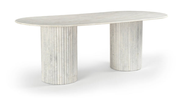 Meridian Furniture Messina Oval Stone Dining Table with Art Deco Fluted Bases Seats up to Ten Formal Room White Genuine Marble 925White-DT