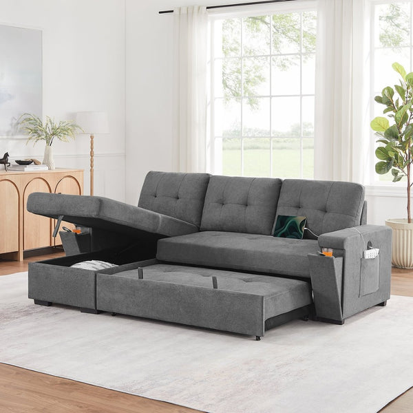 English Elm Toby Woven Fabric Sleeper Sectional with Storage Chaise Usb Ports and Coil Support Gray B061S00956