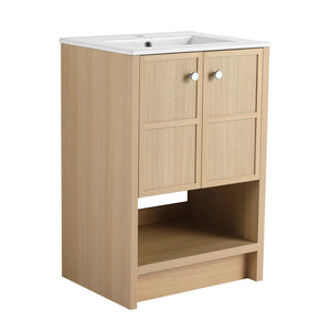 English Elm 24" Freestanding Bathroom Vanity with Ceramic Sink, Oak Finish, 2 Soft-Closing Doors, Open Shelf Storage W1972S00023