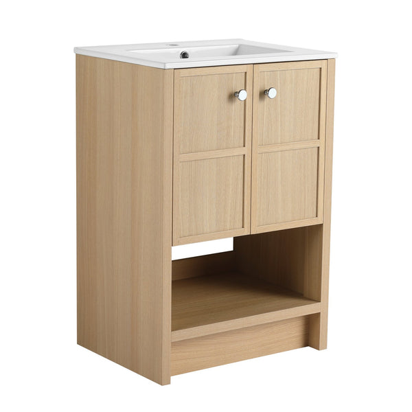 English Elm 24" Freestanding Bathroom Vanity with Ceramic Sink, Oak Finish, 2 Soft-Closing Doors, Open Shelf Storage W1972S00023