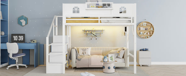 English Elm Full Size Steel Loft Bed with Staircase Storage Wardrobe Desk and Led Lighting White W2593S00056