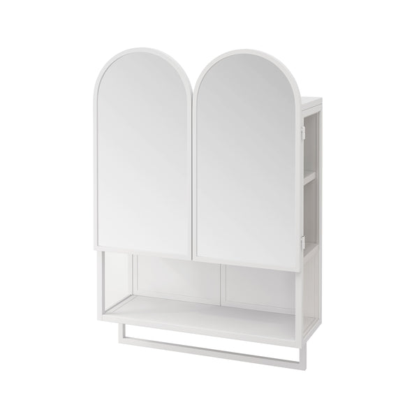 English Elm 23.62" Modern Double-Arched Mirror Cabinet with Tempered Glass, Metal Frame, Shelf & Towel Rack Storage White W757P314591