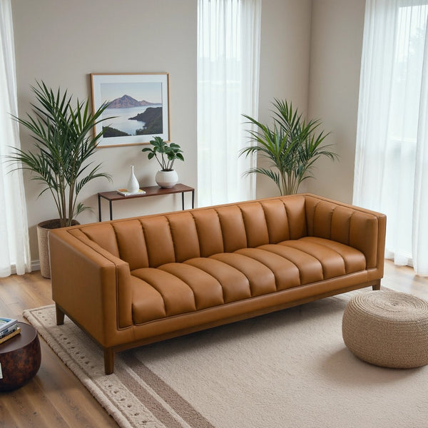English Elm Melissa Channel Tufted Vegan Leather Sofa with Walnut Legs for Modern Living Rooms B183P423281