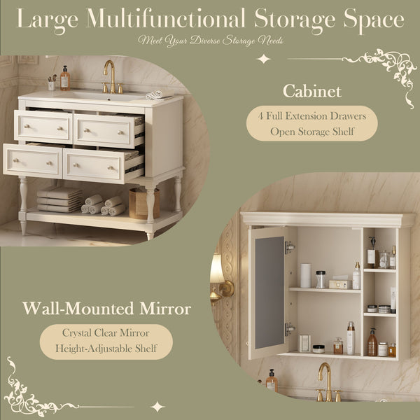 English Elm 36'' Modern Bathroom Vanity with Ceramic Sink and Medicine Cabinet, Solid Wood Frame, 4 Drawers, Waterproof Finish Beige SW000138AAY-1