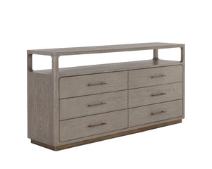 Sunpan Danette Dresser - Sleek Grey Oak Design with Warm Brass Accents & Open Shelf for Stylish Storage Solutions