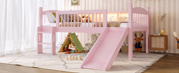 English Elm Twin Low Loft Bed Solid Pine Frame with Built-in Led Lighting and Storage Shelves Pink W1580P395929
