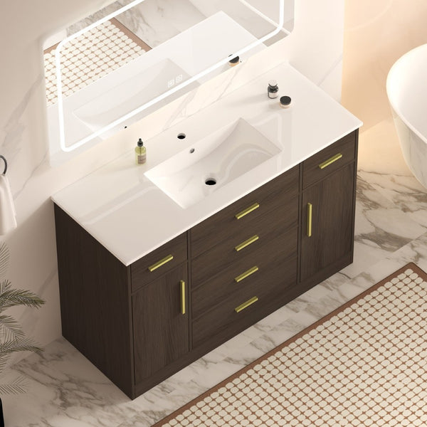 English Elm 48"dark Brown Vanity with 6 Drawers and Soft Close Doors for a Spa Bathroom Dark Brown W3133S00025