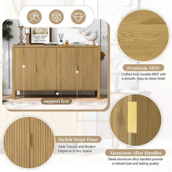 English Elm U_style Striped Four Door Sideboard Mdf Buffet Cabinet with Adjustable Shelves for Dining Natural N711P345170O