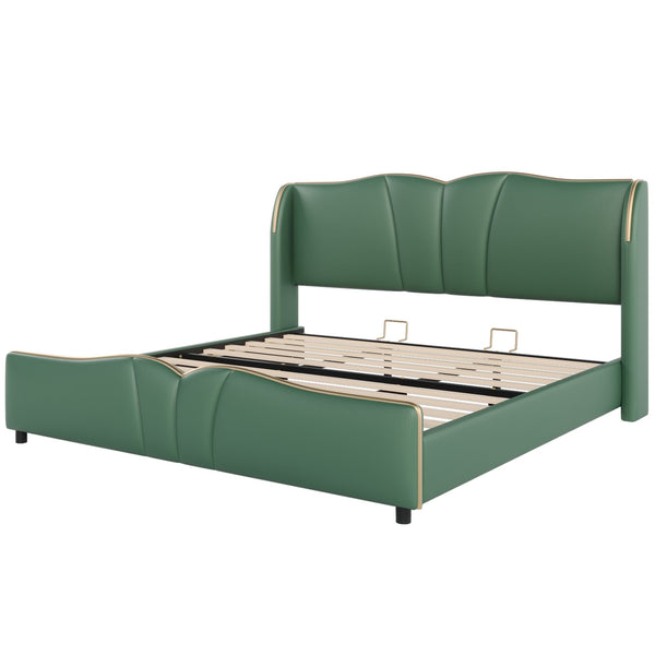 English Elm Christopher Knight Home® - King PU Leather Bed Frame with Wingback Headboard & Footboard, Gold Accents, Platform Slat Support, Elegant Design Dark Green 85 L x 10 W x 3.25 H N761S0000017F