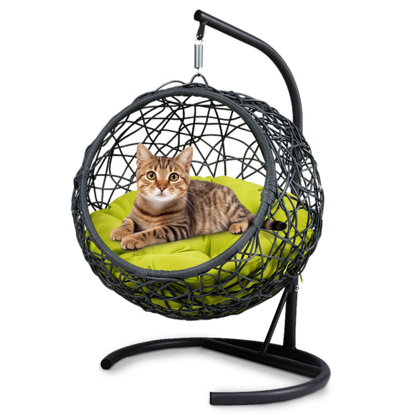 English Elm Cat Swing Bed With Stand & Plush Cushion - Stylish Indoor Egg Chair For Small Pets - Green Wicker Design W2500P283881
