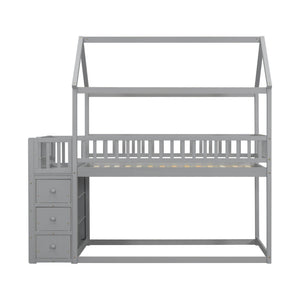 English Elm Twin/twin House Bunk Bed Solid Pine Playhouse Frame with Storage Drawers Shelves Grey W697S00033