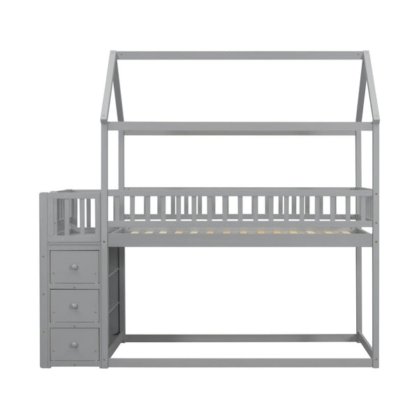 English Elm Twin/twin House Bunk Bed Solid Pine Playhouse Frame with Storage Drawers Shelves Grey W697S00033
