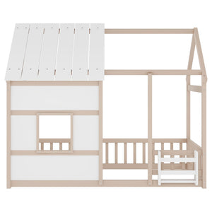 English Elm Twin House Frame Floor Bed Pinewood Build with Led Roofline Kids Bedroom Cream,White W697P435884