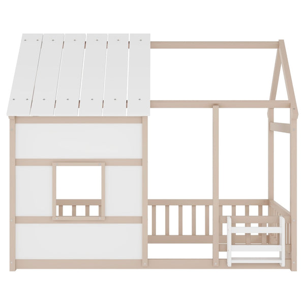 English Elm Twin House Frame Floor Bed Pinewood Build with Led Roofline Kids Bedroom Cream,White W697P435884