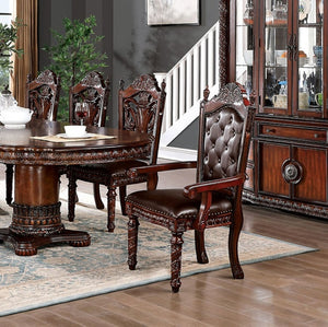 English Elm Traditional 2Pcs Arm Chairs - Brown Cherry Solid Wood, Tufted Dark Brown Leatherette For Dining Elegance B011P234704-GIGA