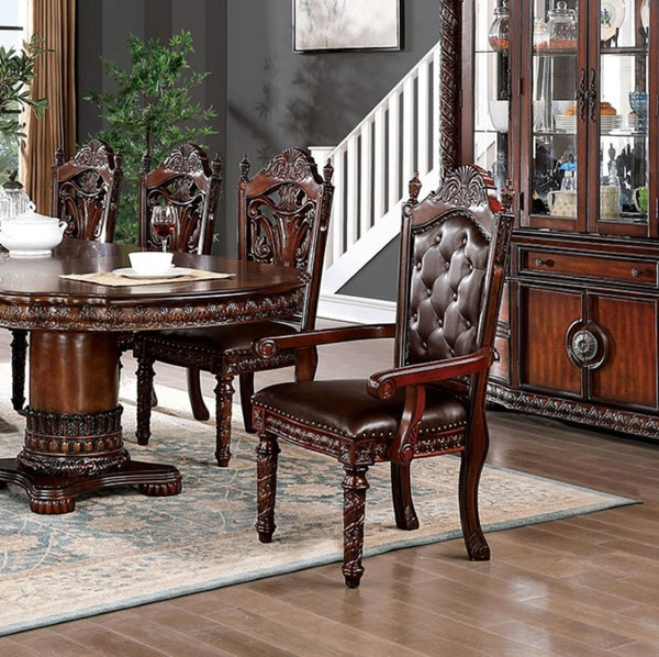 English Elm Traditional 2Pcs Arm Chairs - Brown Cherry Solid Wood, Tufted Dark Brown Leatherette For Dining Elegance B011P234704-GIGA