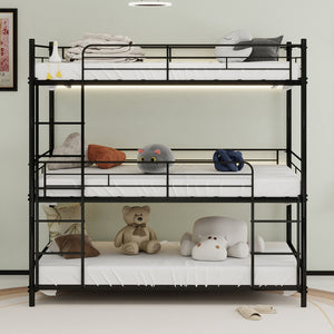 English Elm Heavy-duty triple bunk bed frame with built-in ladder, full guardrails, metal slats, space-saving design Black W1935P330699