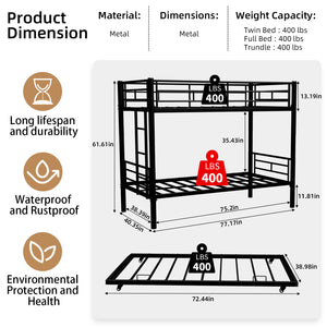 English Elm Heavy-duty Metal Twin over Twin Bunk Bed Black – Rust-Resistant Steel, Safety Rail, Non-Slip Ladder W1935P294225