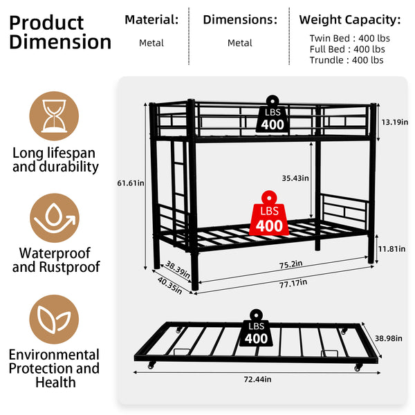 English Elm Heavy-duty Metal Twin over Twin Bunk Bed Black – Rust-Resistant Steel, Safety Rail, Non-Slip Ladder W1935P294225