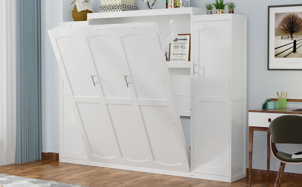 English Elm Queen Murphy Bed with 2 Wardrobes & Foldable Platform, Space-Saving White Queen Bedframe 650lbs N733S339767K