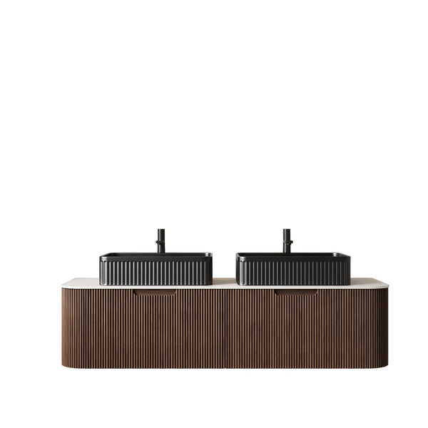 English Elm Dina 60 Inch Floating Bathroom Vanity Sintered Stone Top Dual Glass Basins Wood Grain Black,Carrara White,Dark Walnut W2615S00198