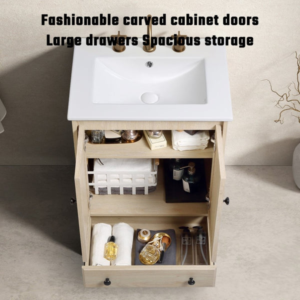 English Elm Bathroom Vanity with Oval Ceramic Sink One Drawer Soft Close Cabinet in White W3402S00005