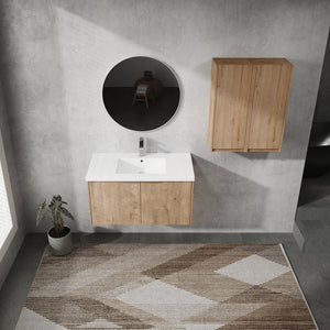 English Elm 36" Wall-Mounted Bathroom Vanity With Sink & Side Cabinets – Modern Soft-Close Design & Storage Solutions W999S00223
