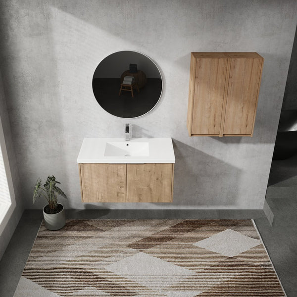 English Elm 36" Wall-Mounted Bathroom Vanity With Sink & Side Cabinets – Modern Soft-Close Design & Storage Solutions W999S00223