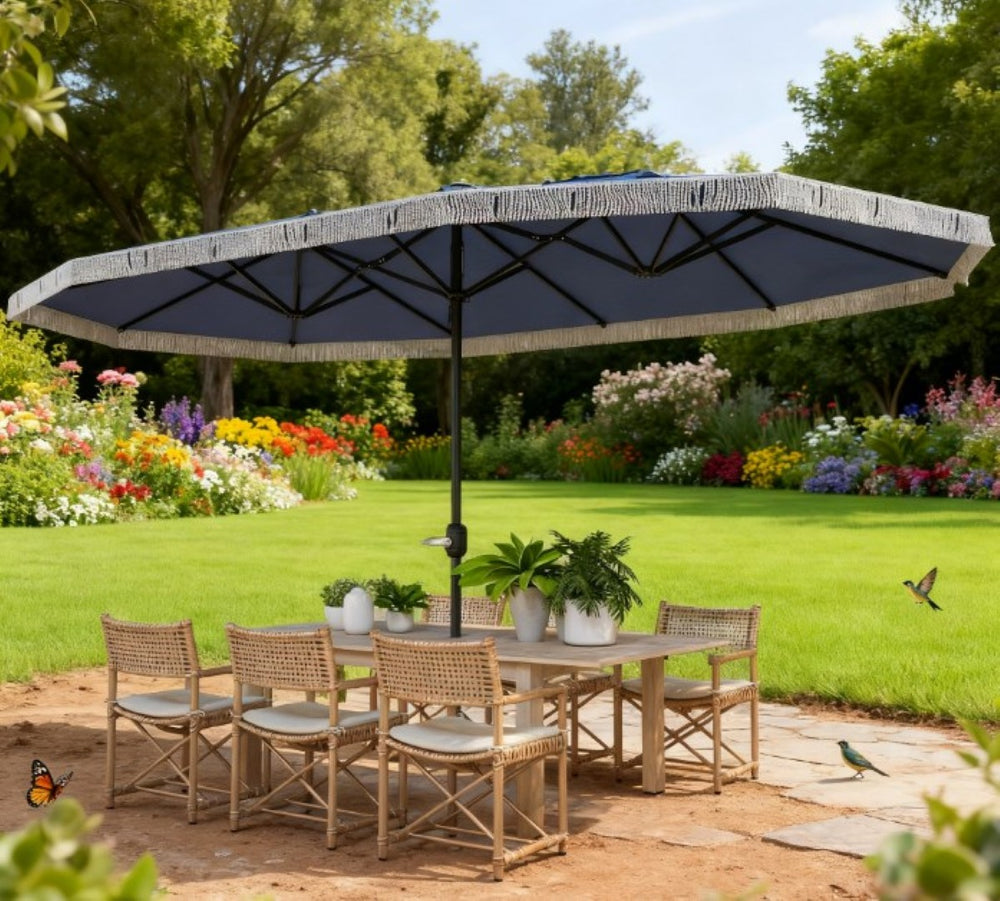 English Elm Spacious 15 Foot Rectangular Outdoor Umbrella with Fringe and Uv Resistant Canopy T3971P427137