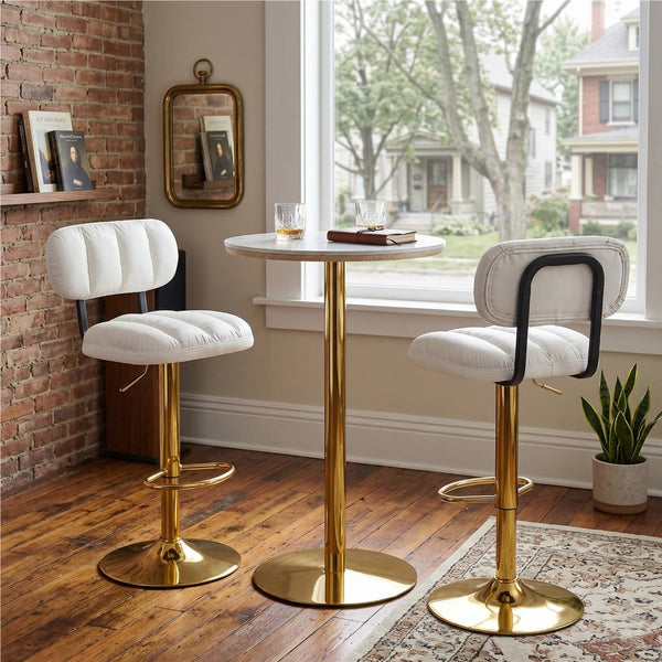 English Elm Set of 2 Adjustable Pu Leather Barstools with Chrome Base for Kitchen or Home Bar White+Gold W3875P378575