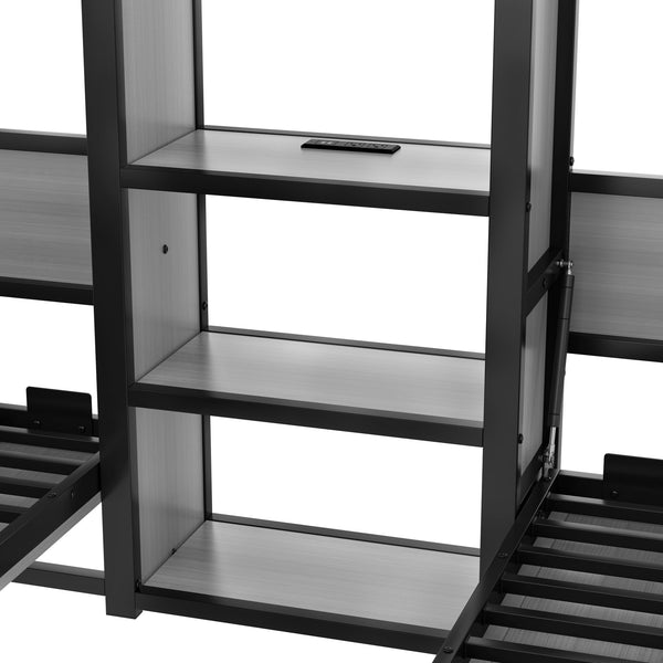 English Elm Twin Twin Murphy Bed with Metal Frame, Foldable 2-in-1 Space-Saving Design, Built-In Wardrobe, Shelves, Power Outlets and Durable Storage Solution Gray W1580S00148