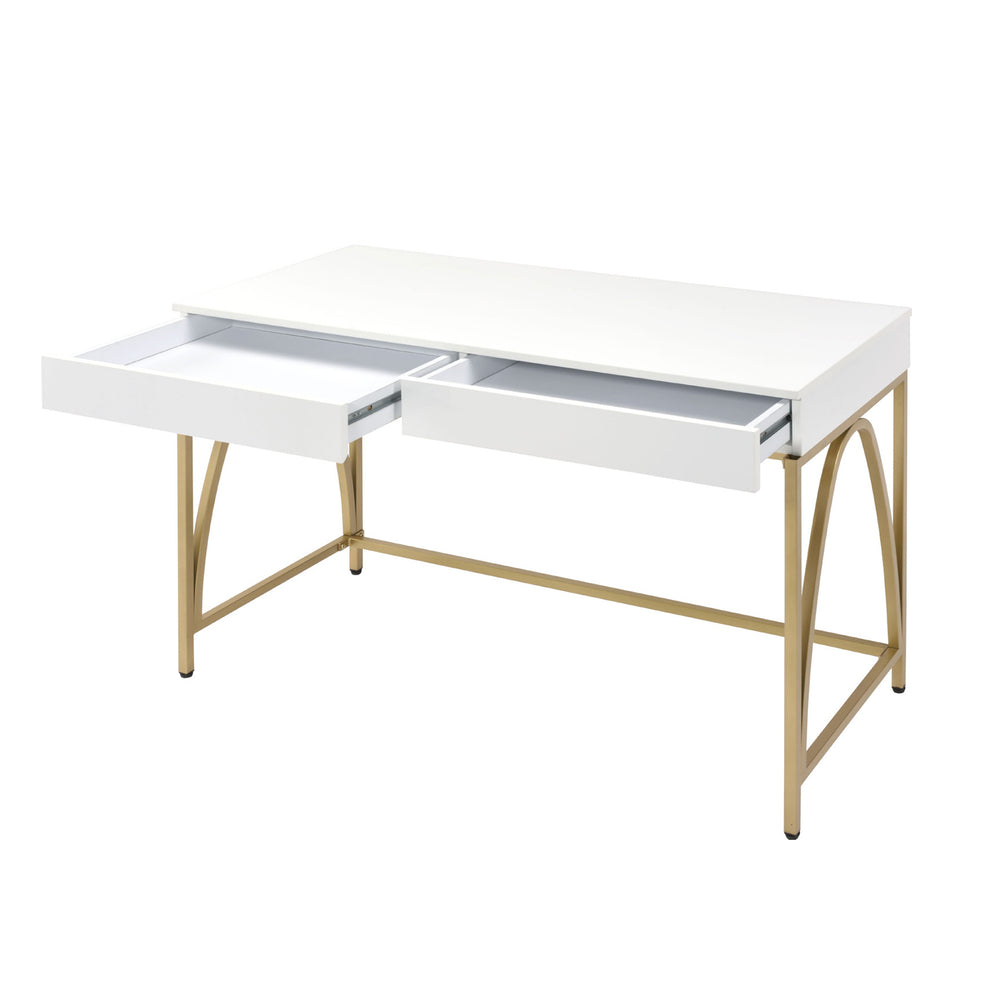 English Elm 2 Drawer Writing Desk White High Gloss Top with Gold Metal Trestle Legs, Two Storage Drawers, Glam Home Office Accent Piece B016P317513