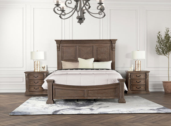 English Elm Formal Weathered Panel Queen Bed with Carved Dentil Moldings, Reeded Posts and Rustic Finish Oak 83 L x 13 W x 6 H B2741S00742