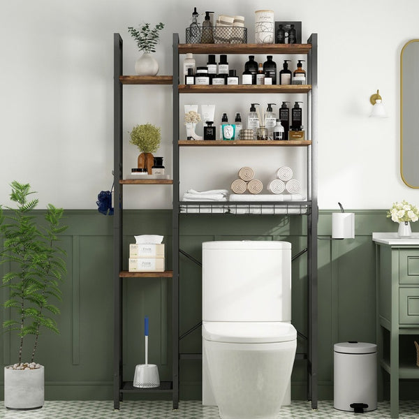 English Elm 8-tier Freestanding Over Toilet Organizer with Side Racks and Drain Basket Vintage Brown W2641P418457