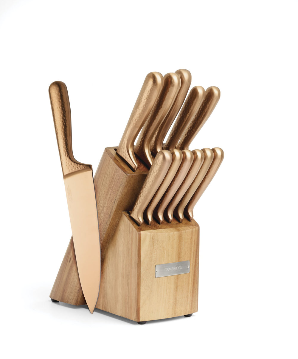 Lenox Hammered Copper Finish 12 Piece Knife Block Set with Ash Wood and Carbon Steel 92688KBCC18HDS