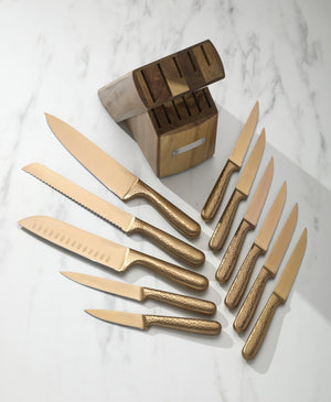 Lenox Hammered Copper Finish 12 Piece Knife Block Set with Ash Wood and Carbon Steel 92688KBCC18HDS