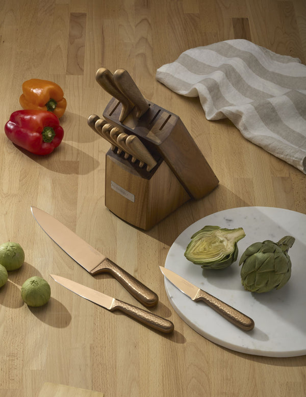 Lenox Hammered Copper Finish 12 Piece Knife Block Set with Ash Wood and Carbon Steel 92688KBCC18HDS