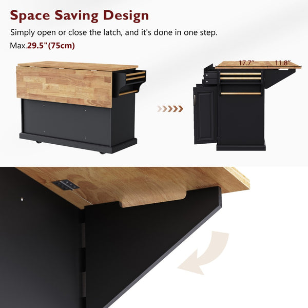 English Elm K&k Farmhouse Rolling Kitchen Island Rubberwood Drop Leaf 3 Drawers 4 Cabinet Doors Black N707S195395B
