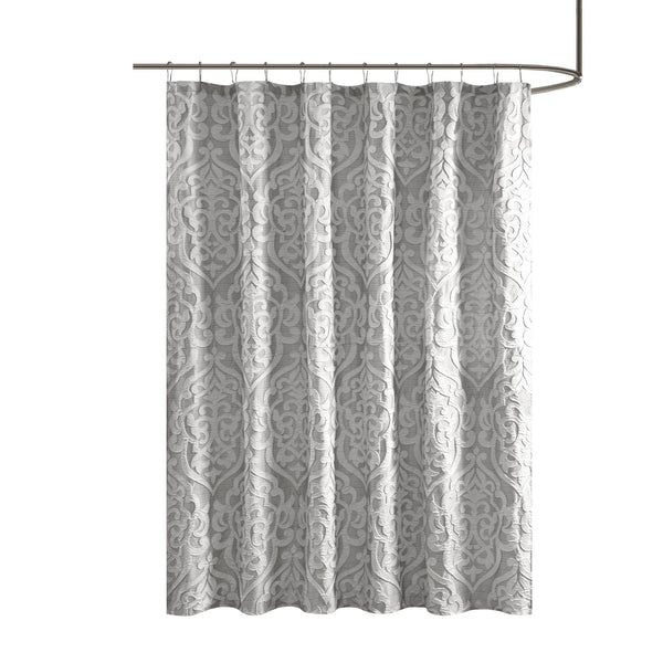 JLA Home Madison Park - Jacquard shower curtain with raised damask medallion weave on stria grey ground, 72x72, washable Silver/Silver MP70-6875